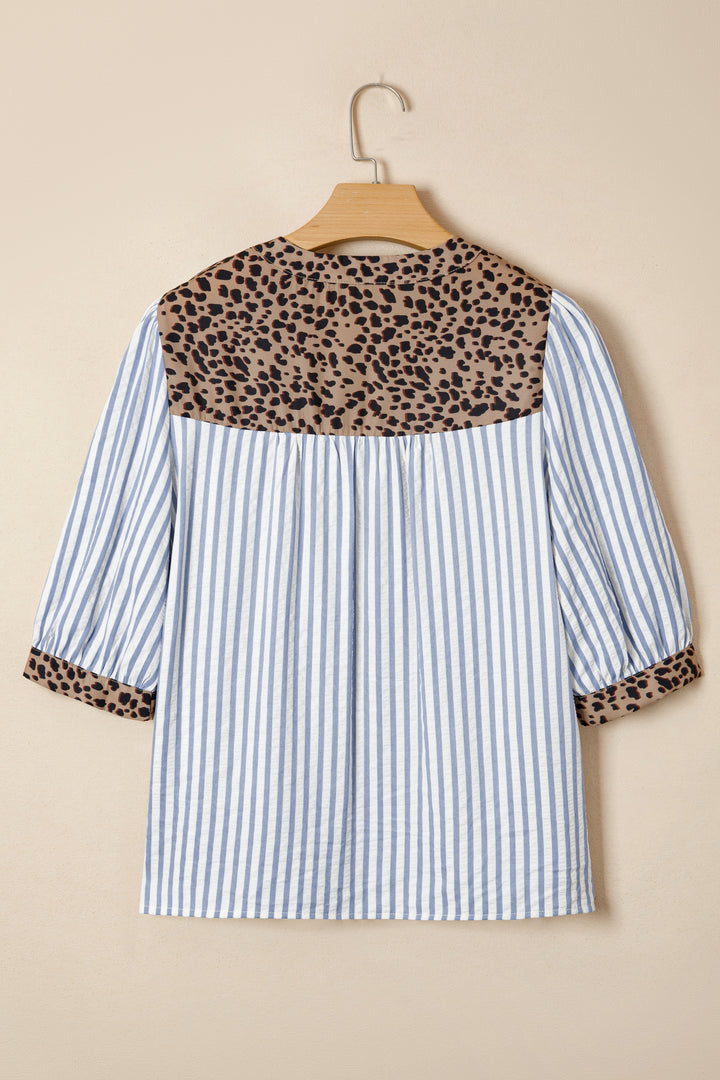 Sky Blue Stripe Leopard Trim V Neck Button Down Half Sleeve Shirt