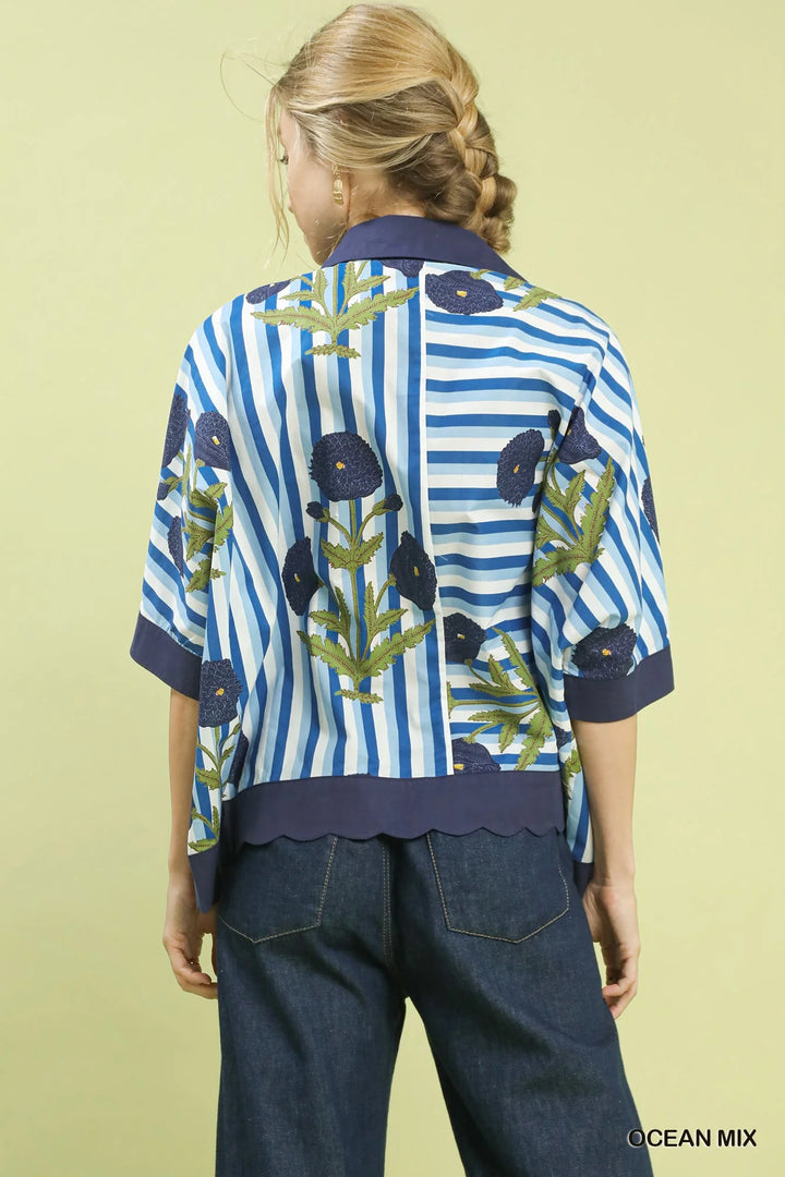 Umgee Mix Floral Stripe Button Down Top