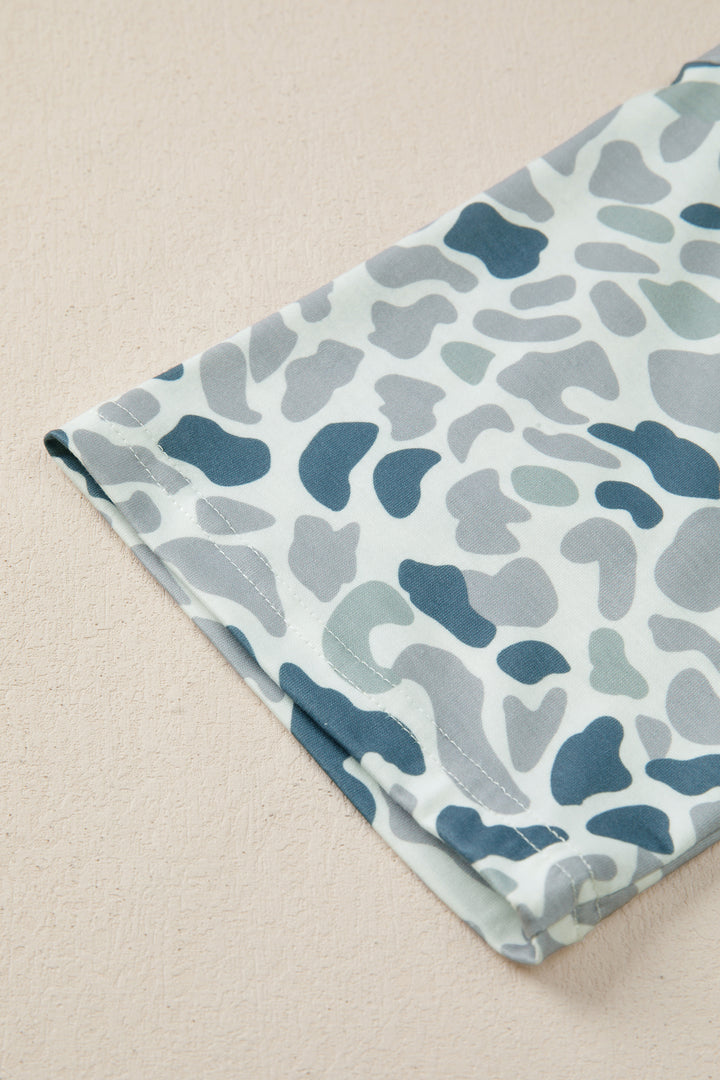 Gray Camouflage Print Single Chest Pocket V Neck Tee