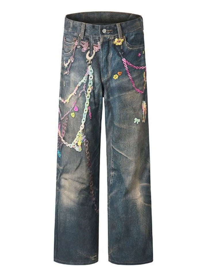 Men's Printed Washed Distressed Wide Leg Jeans