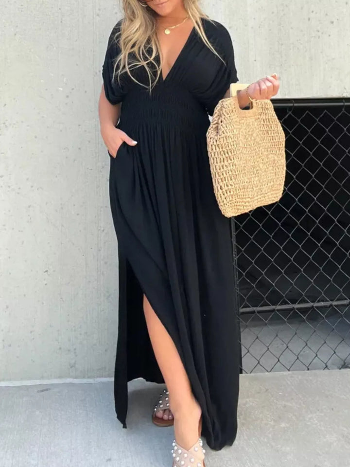 Full Size Slit V-Neck Smocked Waist Maxi Dress Plus Size