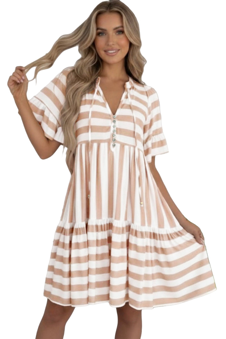 Khaki Stripe Tie V Neck Ruffle Trim Short Sleeve Flared Summer Dress