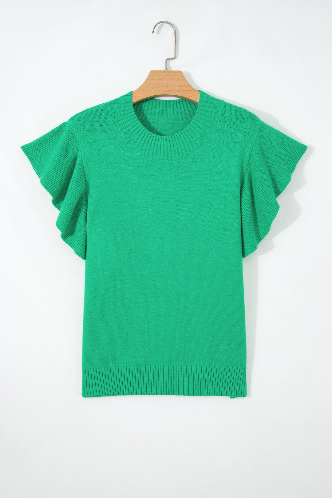 Bright Green Solid Color Ribbed Trim Round Neck Ruffle Short Sleeve Sweater