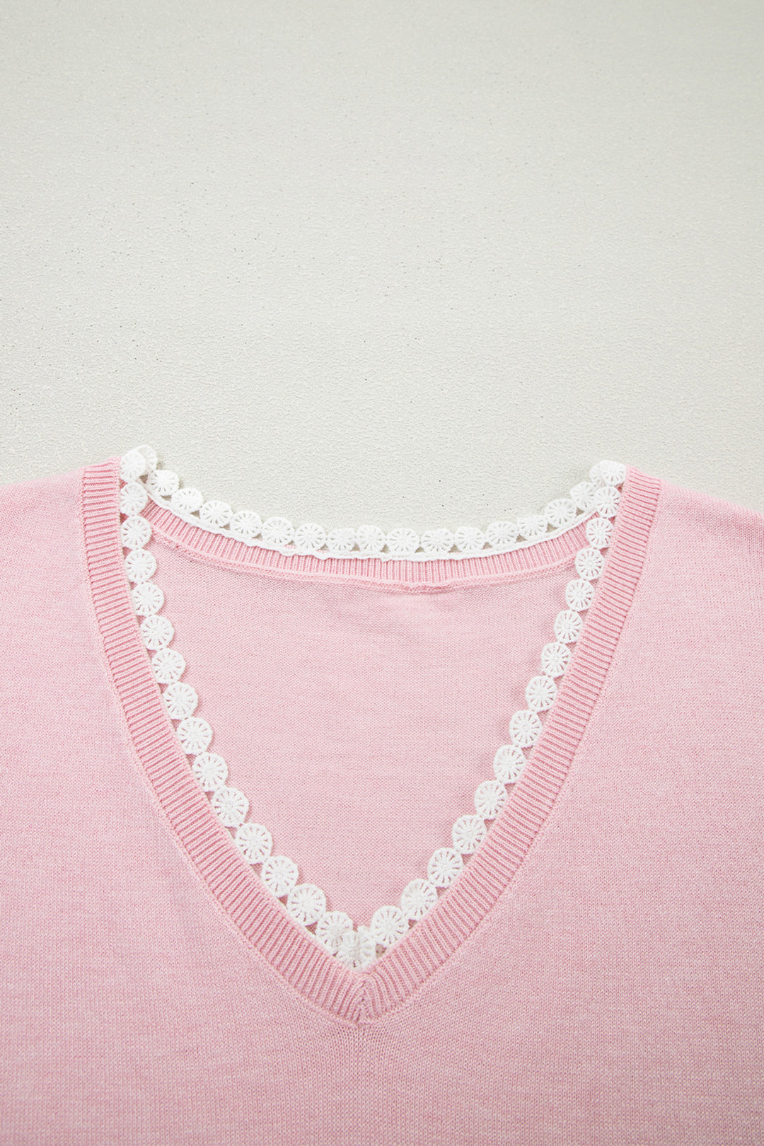 Strawberry Pink Lacy V Neckline Short Sleeve Sweater