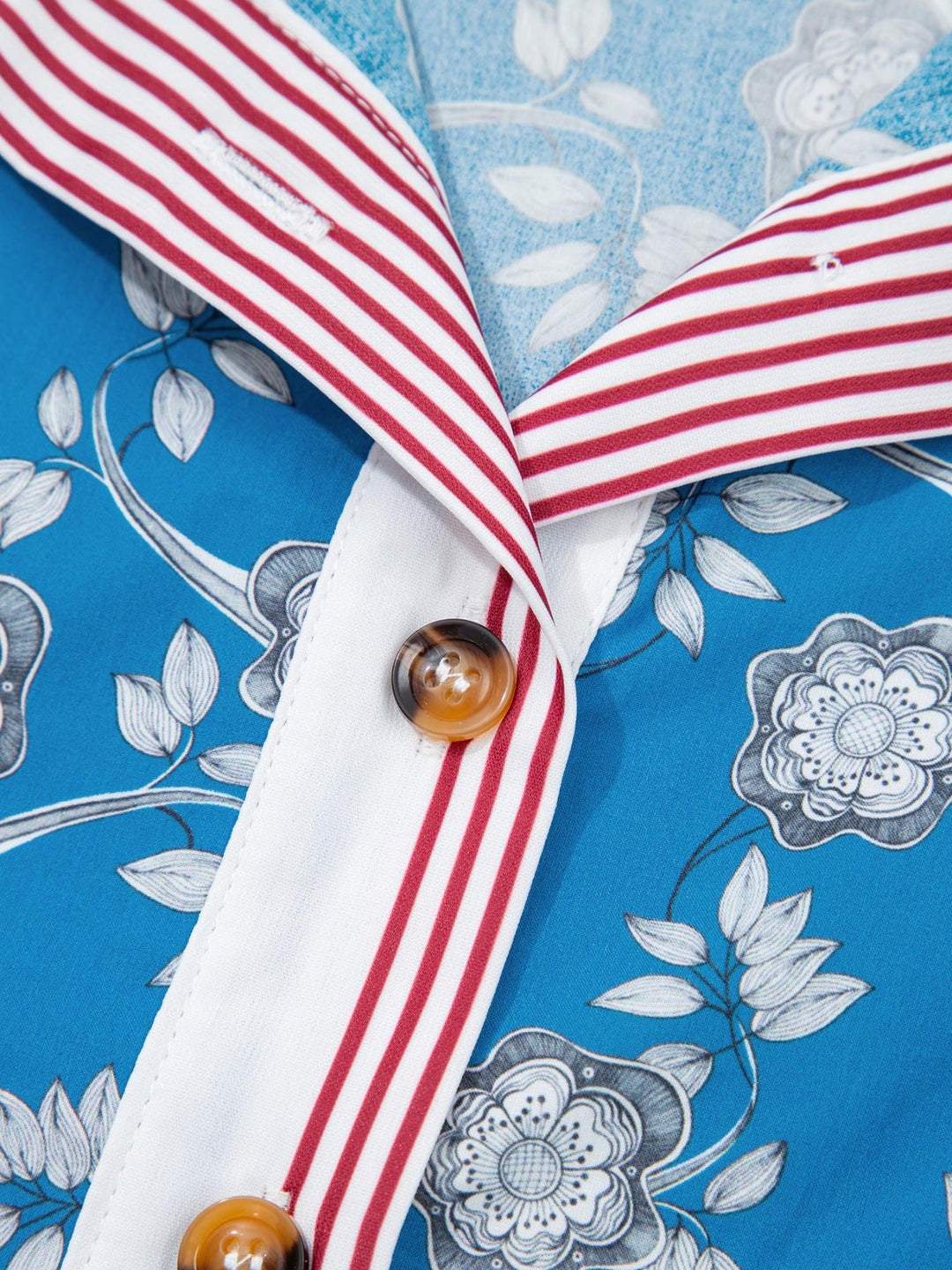 Floral Print Striped Trim Button Neck Short Sleeve Blouse