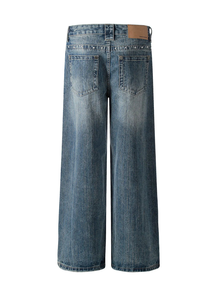 Men's Washed Straight Jeans with Studded Decor