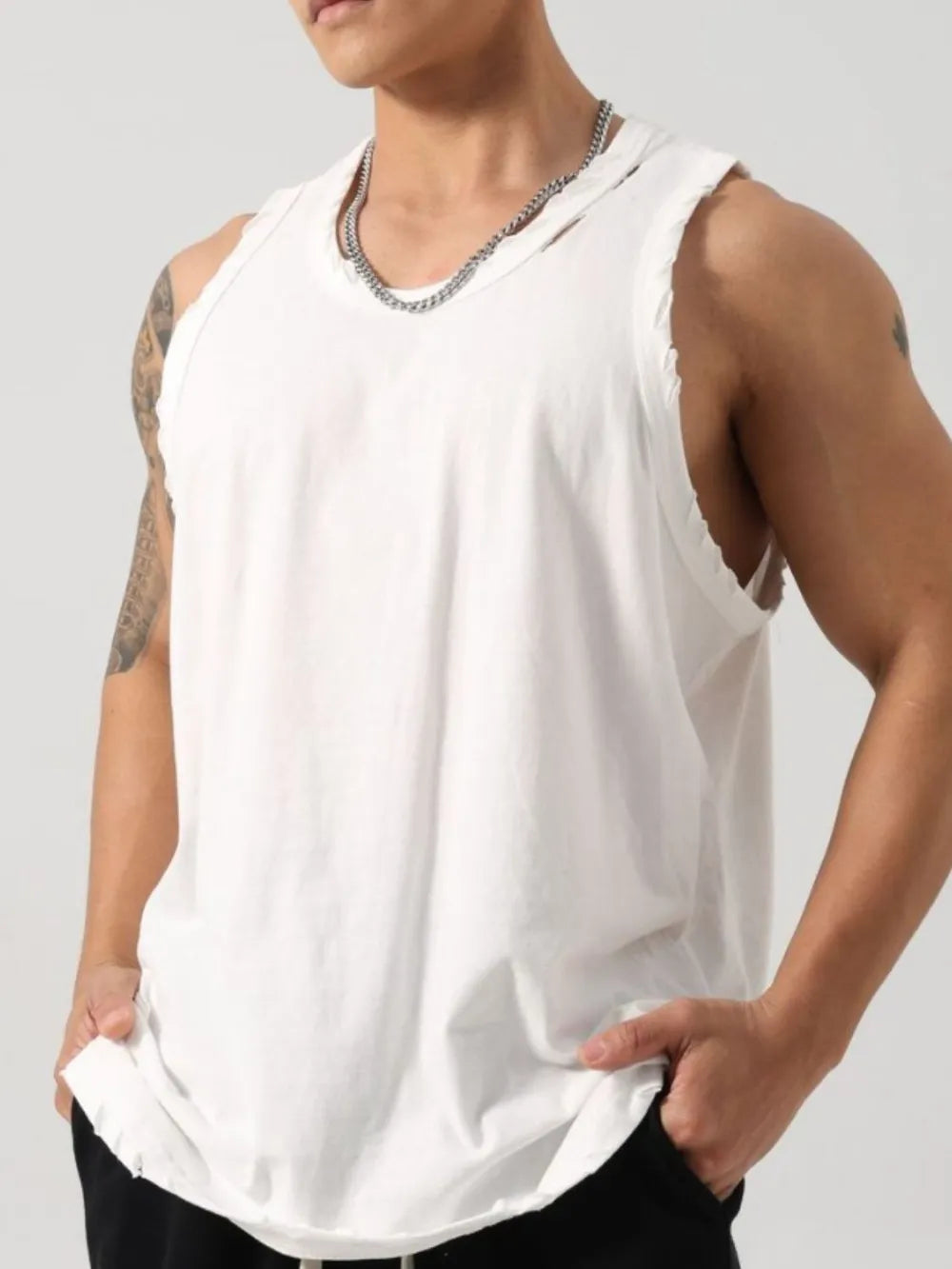 Men's Plus Size Distressed Hem Round Neck Tank