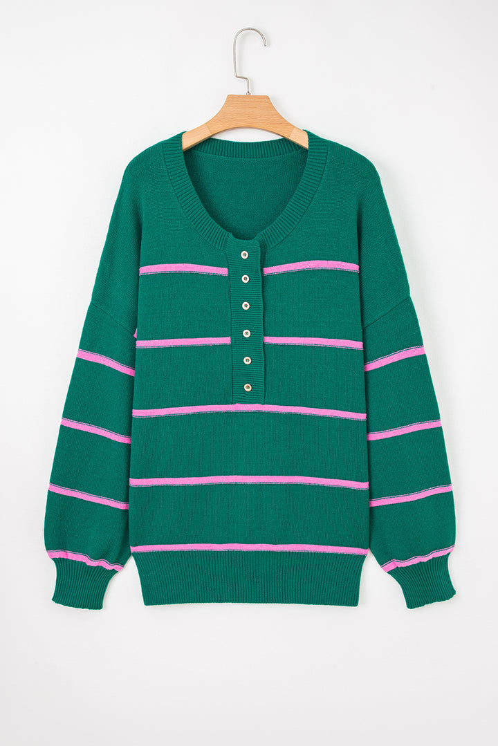 Green Stripe Half Buttons Drop Shoulder Plus Size Sweater