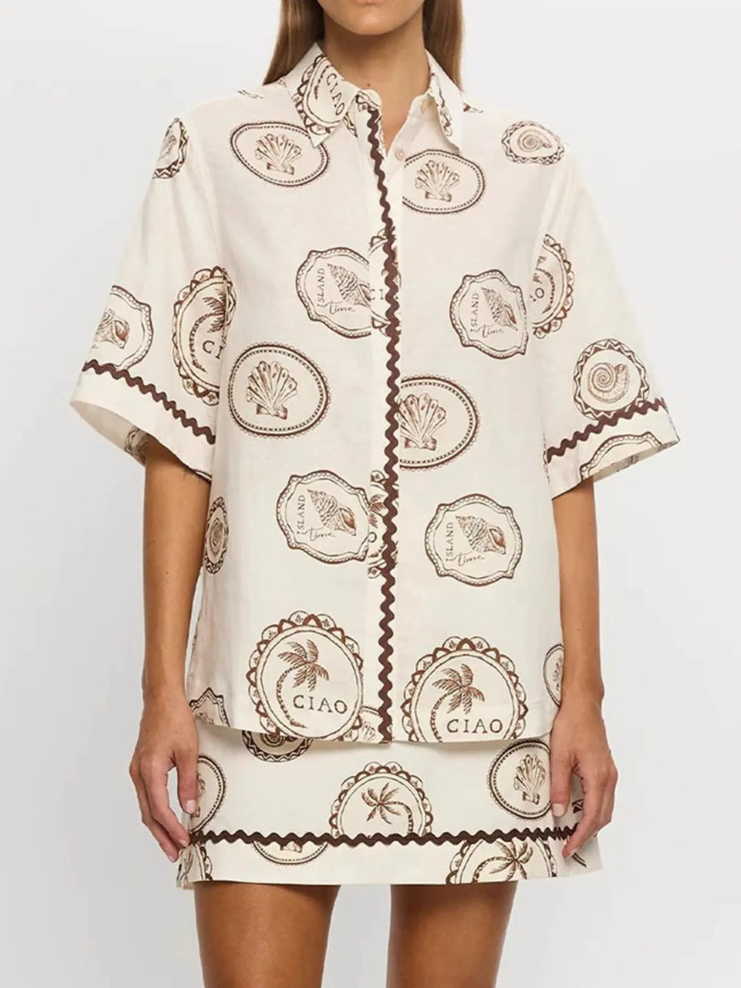 Printed Button Up Shirt and Skirt Set