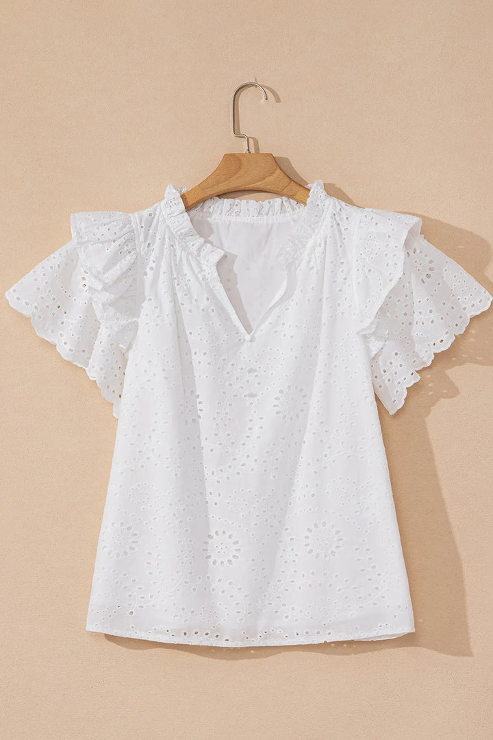 Eyelet Notched Short Sleeve Blouse
