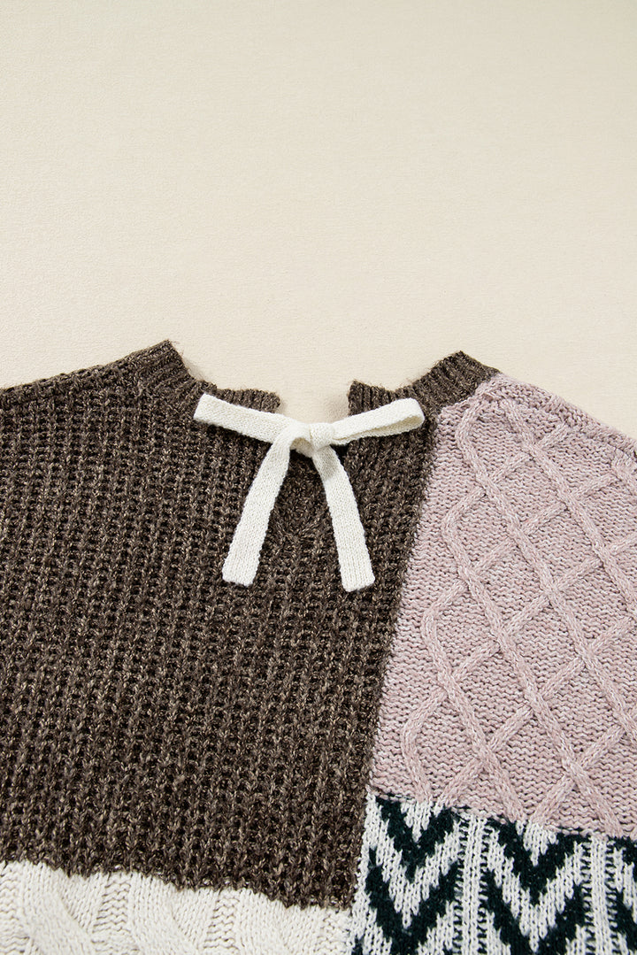 Brown Plus Size Color Block Patchwork Knotted Back Loose Fit Sweater
