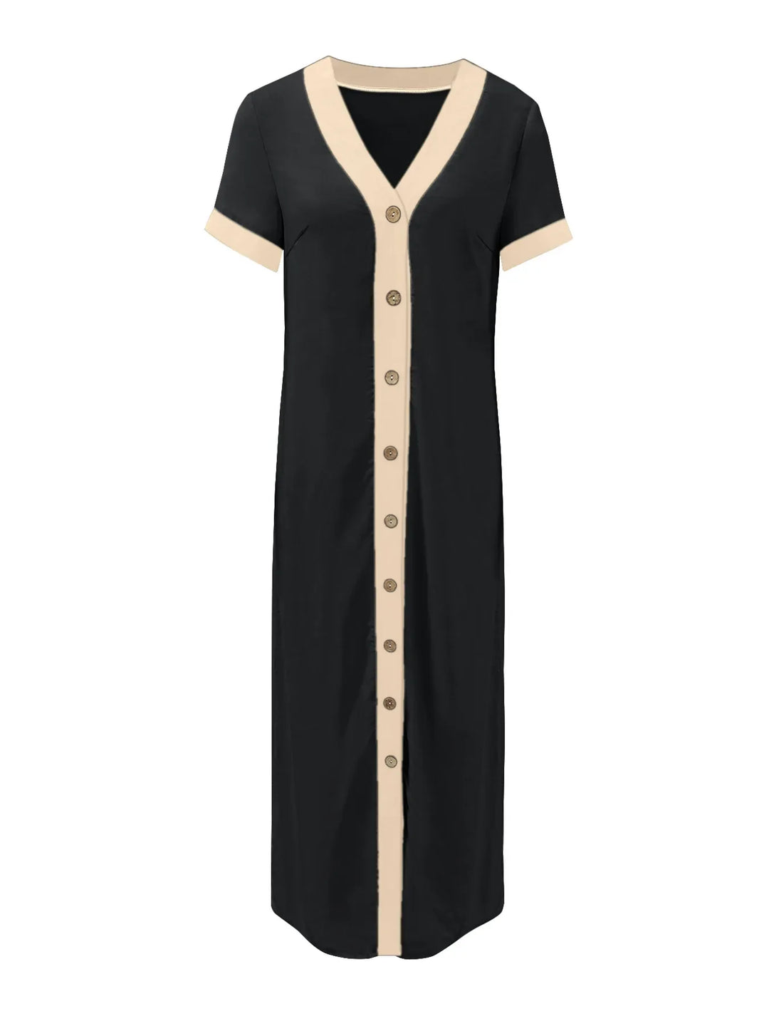 Button-Front Contrast Trim Midi Dress