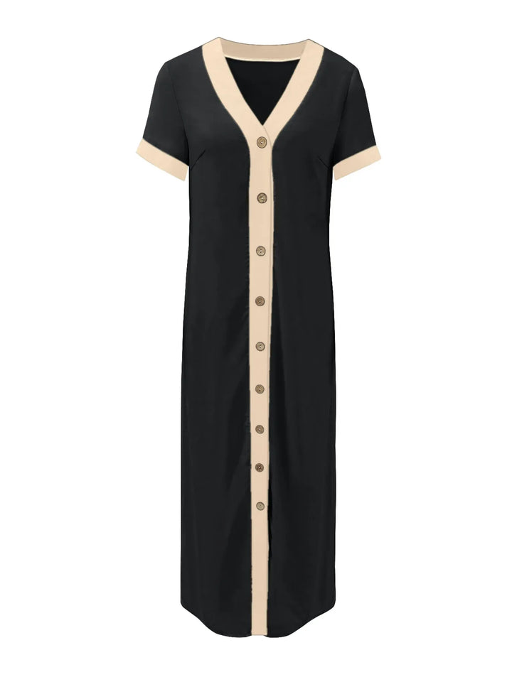Button-Front Contrast Trim Midi Dress