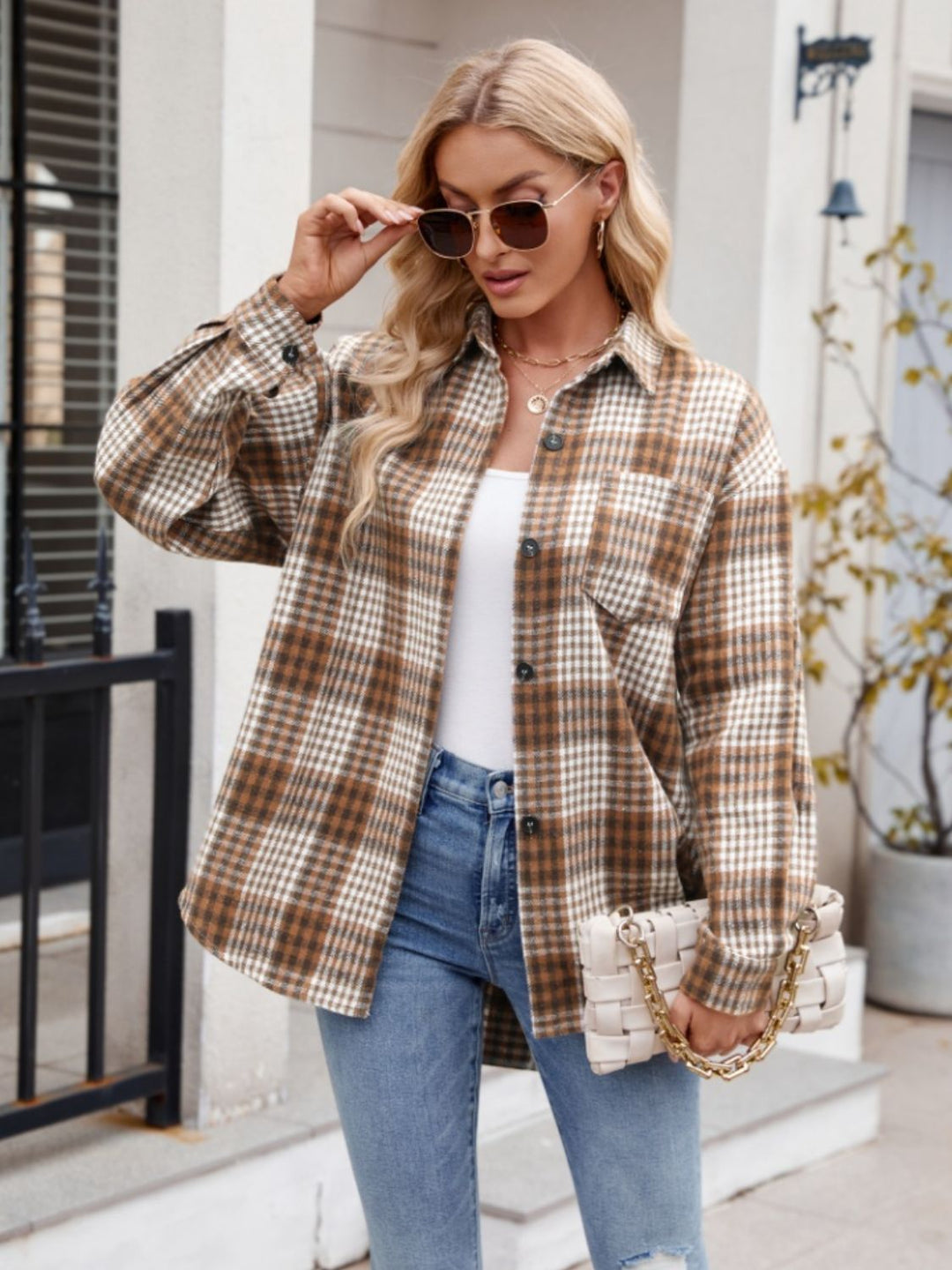 Stretchy Plaid Button-Down Shirt