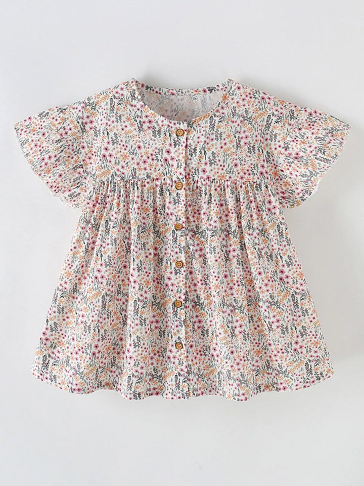 Children's Floral Print Button-Front Ruffle Sleeve Dress