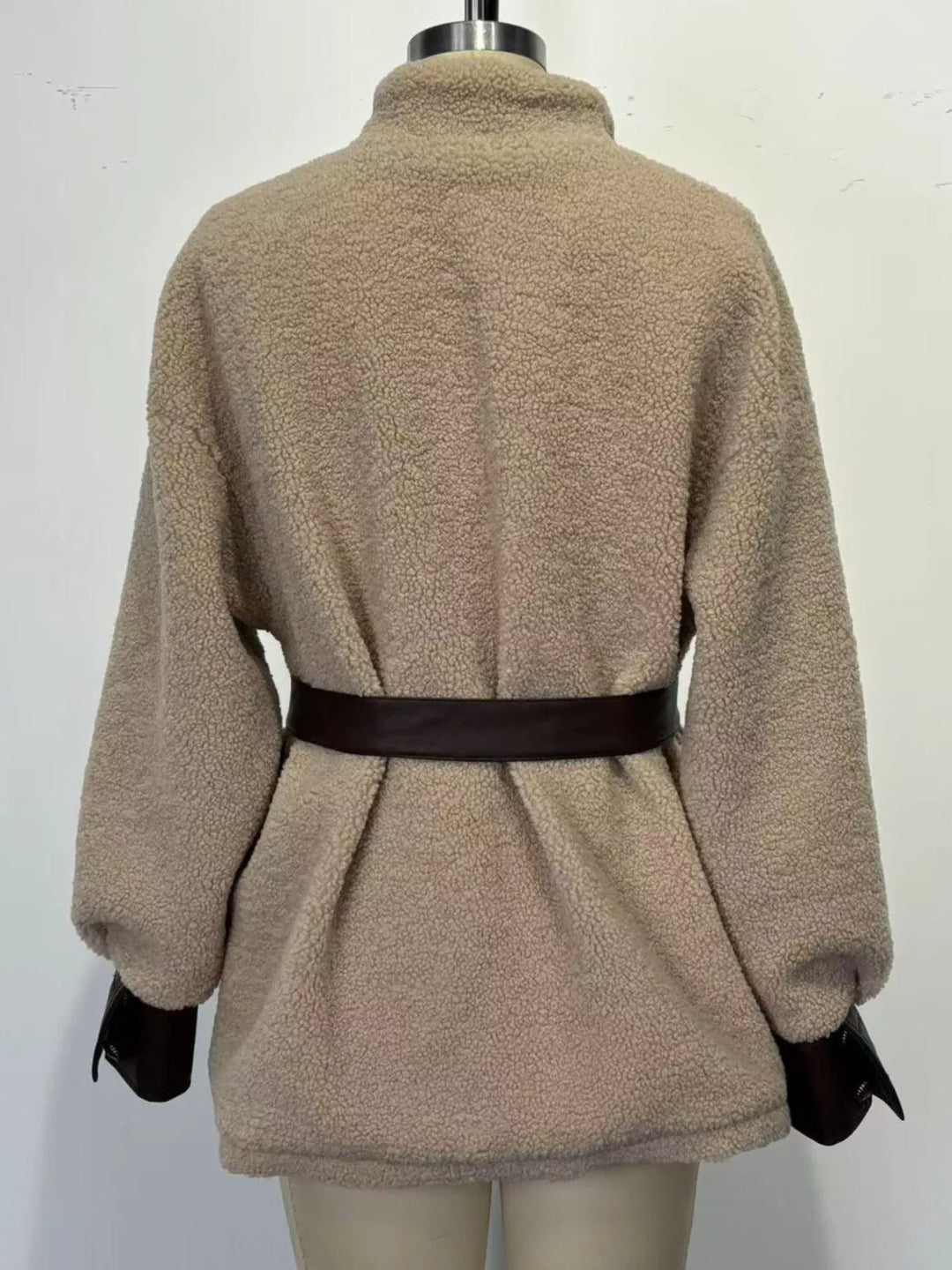 Leather Trim Sherpa Outerwear with Pockets