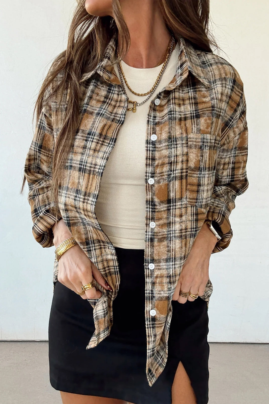 Brown Retro Plaid Long Sleeve Button Down Shirt