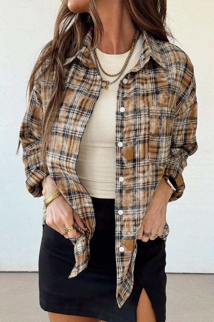 Brown Retro Plaid Long Sleeve Button Down Shirt