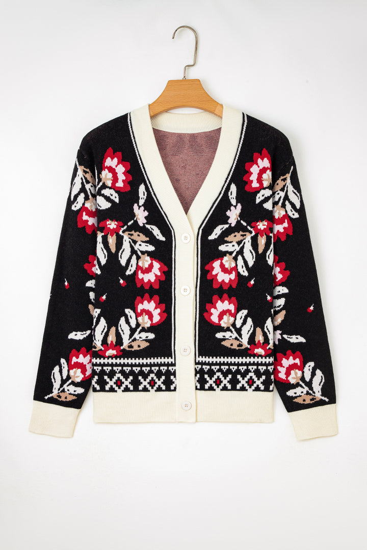 Black Floral Print Buttoned Front V Neck Knit Cardigan