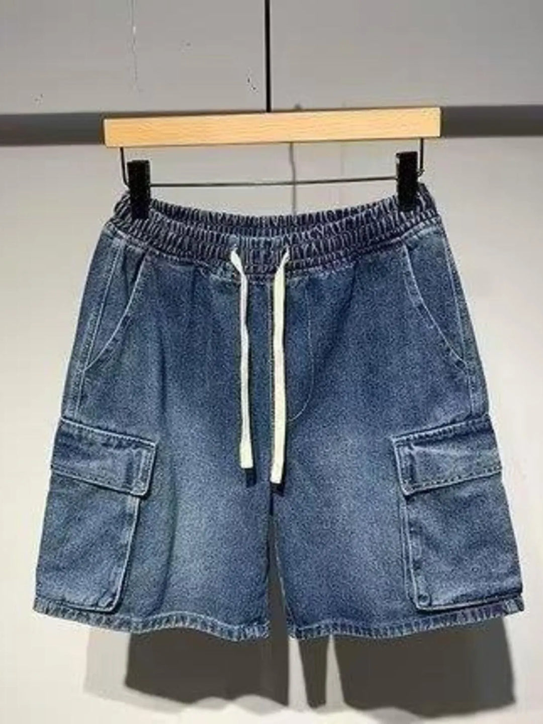 Men's Full Size Elastic Waist Washed Denim Cargo Shorts Plus Size