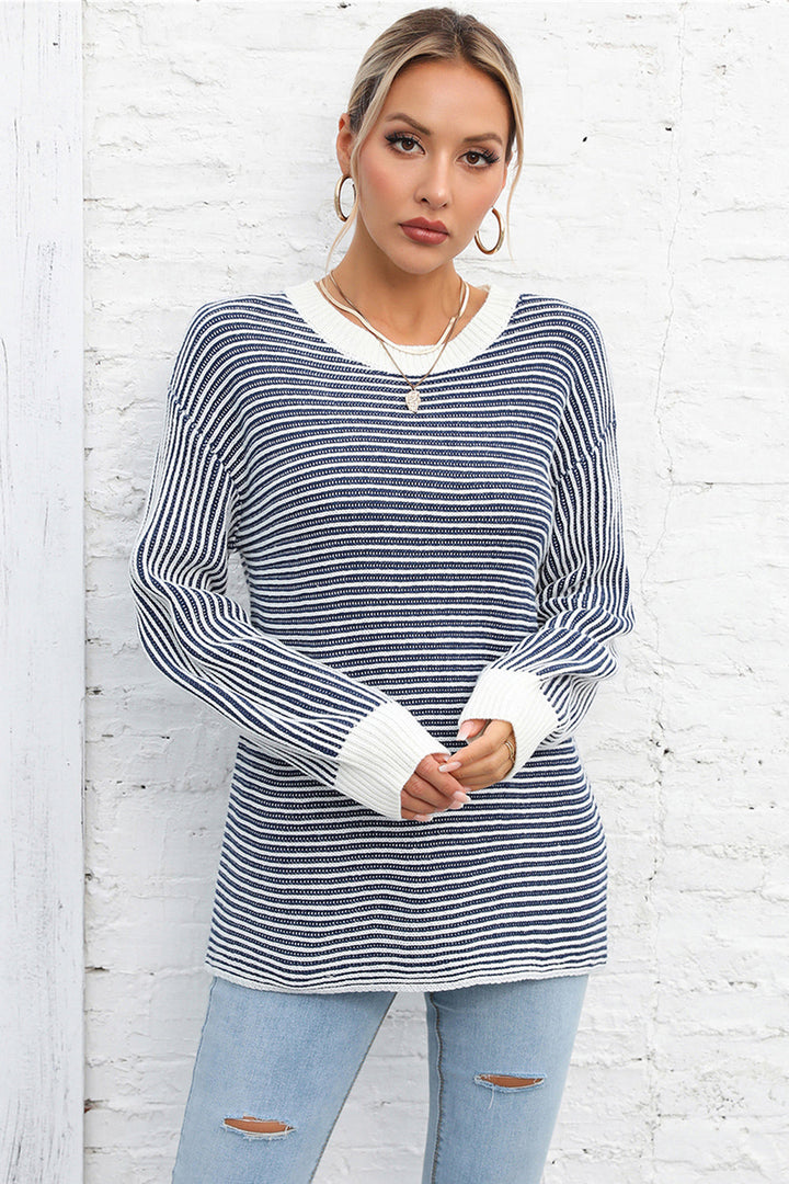 Angel Wings Striped Round Neck Long Sleeve Knit Top