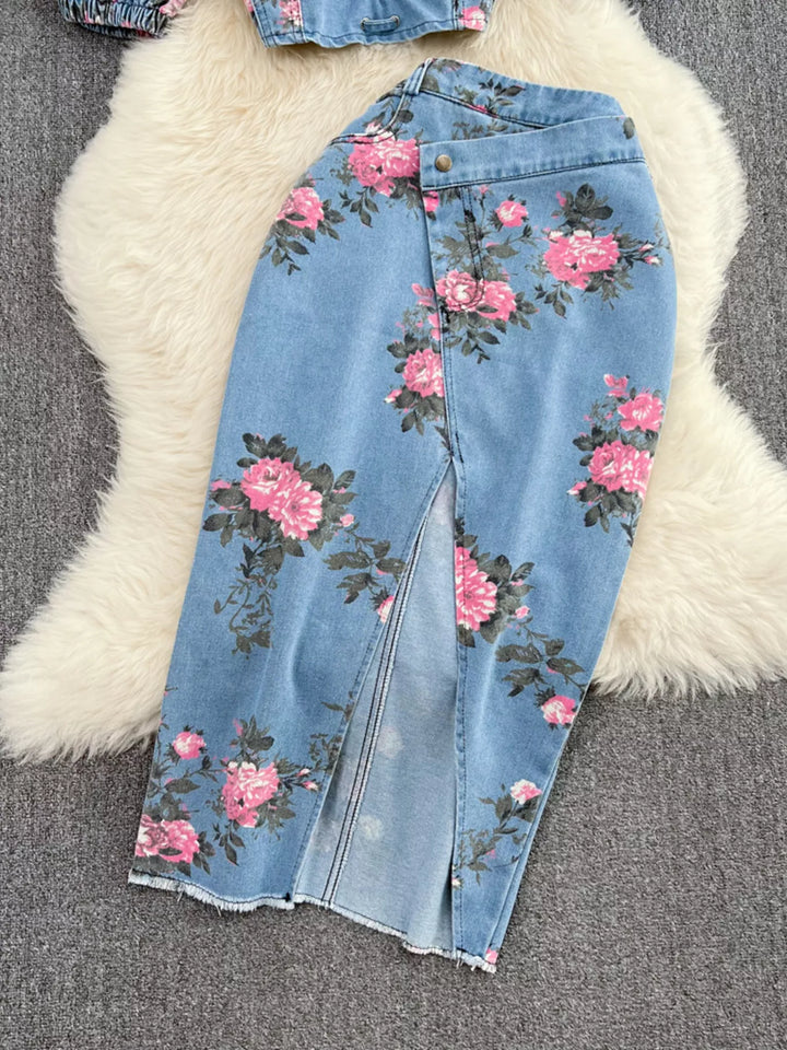 Floral Print Sweetheart Neck Cami and Skirt Denim Set