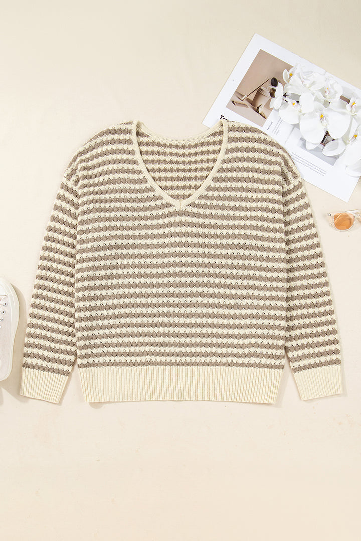 Khaki Stripe Plus Size V Neck Drop Shoulder Sweater