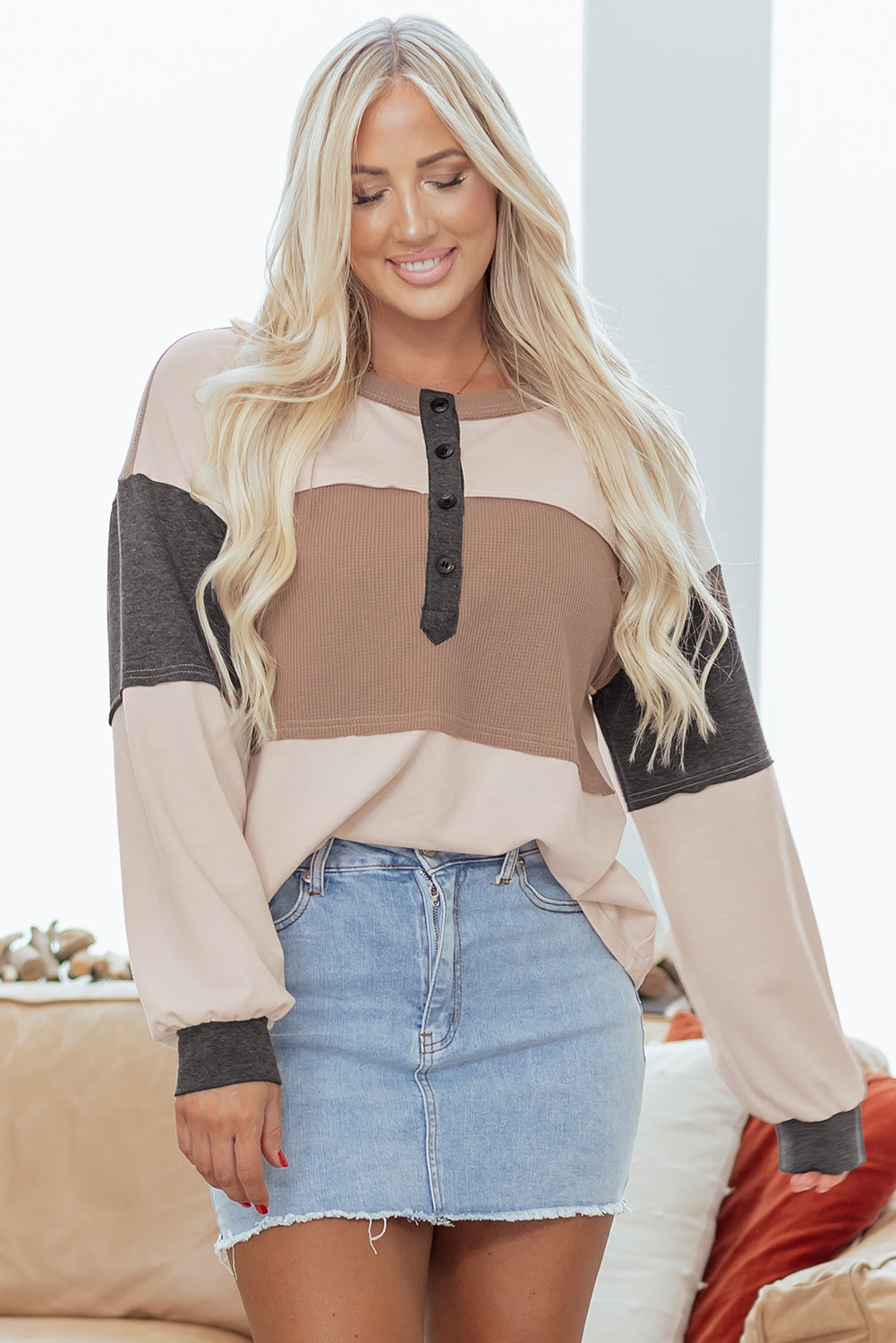 Jet Stream Color Block Waffled Patchwork Loose Henley Top