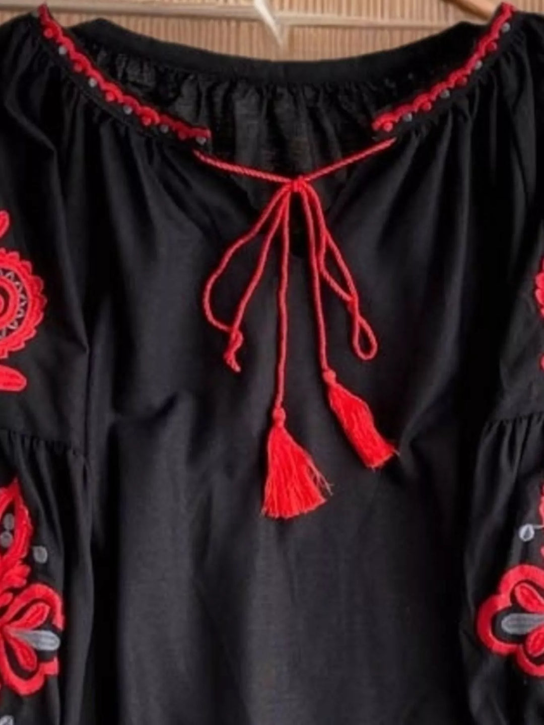Embroidered Tassel Tie Neck Blouse