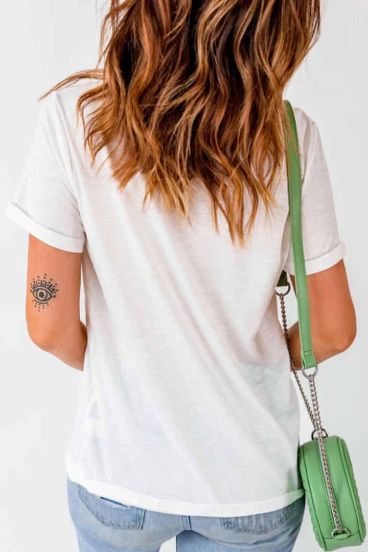 Sequin Checkered Heart Round Neck Short Sleeve T-Shirt