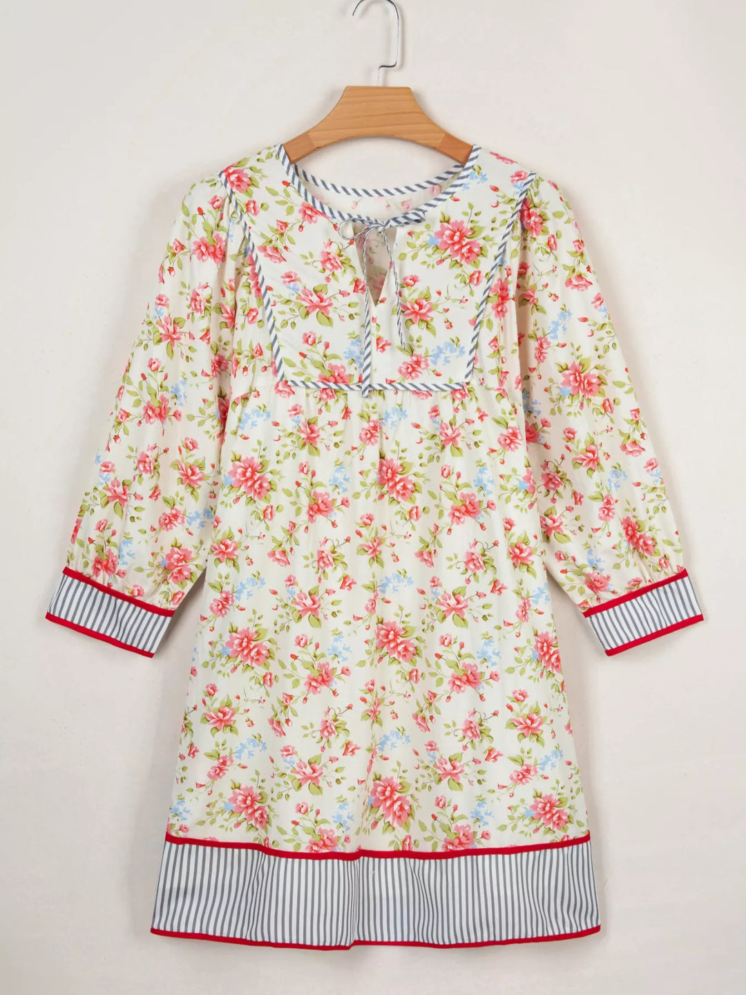 Striped Edge 3/4 Puff Sleeve Floral Dress