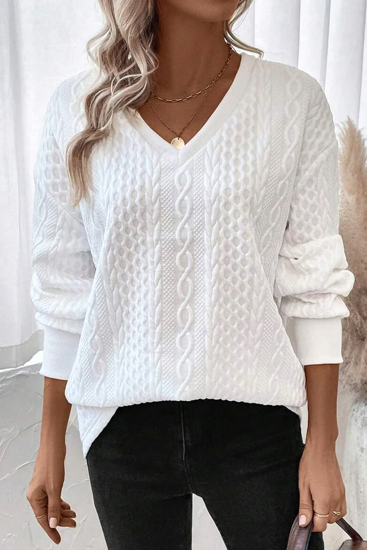 White Solid Color Textured V Neck Drop Shoulder Knit Top