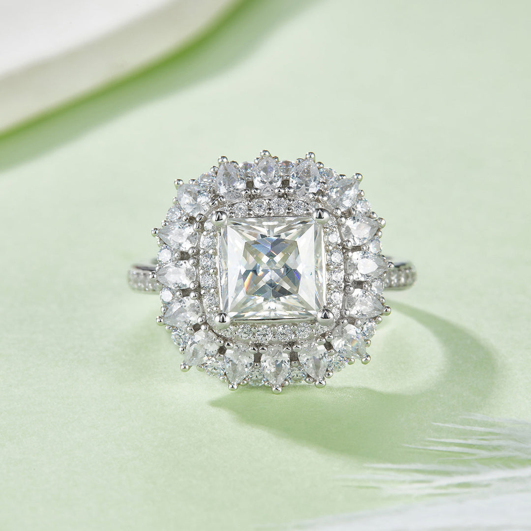 S925 Sterling Silver 2ct Princess Cut Moissanite Ring, D-VVS1 Double Halo Cluster, Platinum Plated 5.8g US Sizes 5-9, GRA Certificate Gift Box