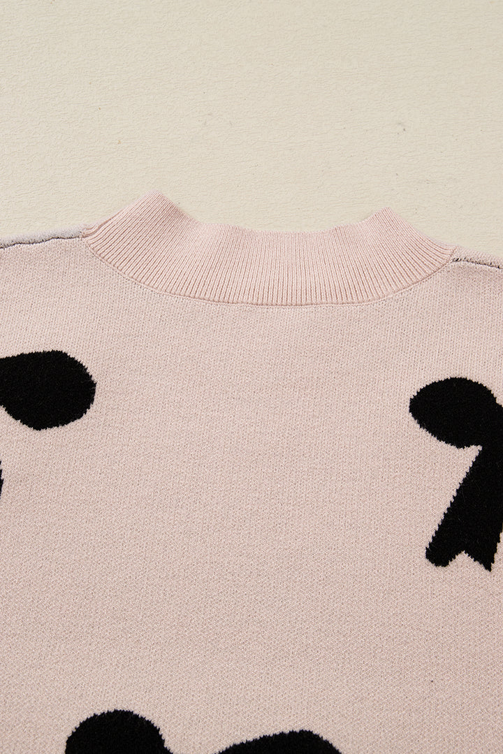 Smoke Gray Pearl Embellished Bow Pattern Loose Sweater