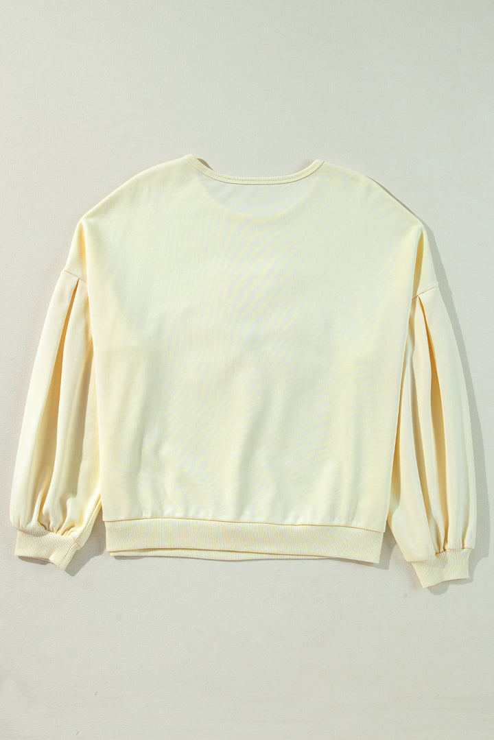 Beige Tinsel Flower Dropped Puff Sleeve Sweatshirt