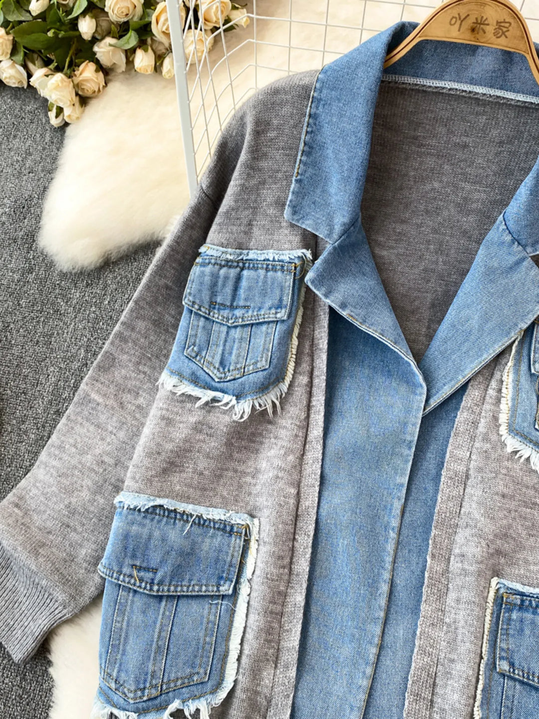 Raw Hem Denim Pocket Patchwork Cardigan
