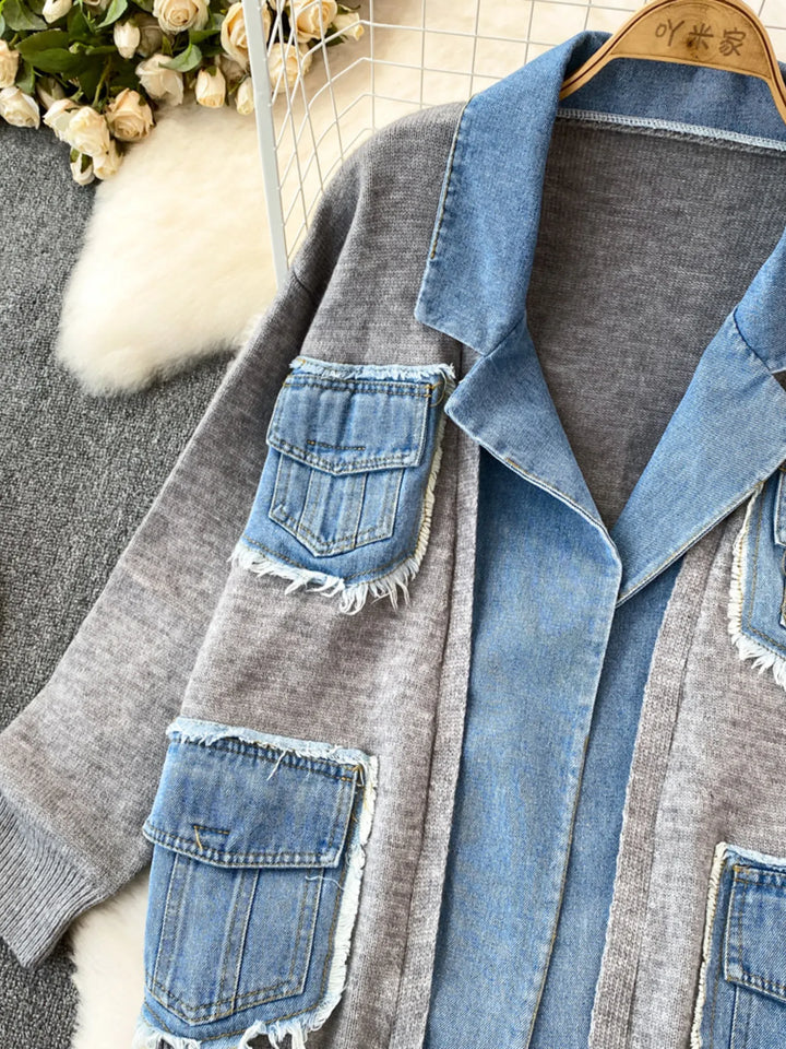 Raw Hem Denim Pocket Patchwork Cardigan