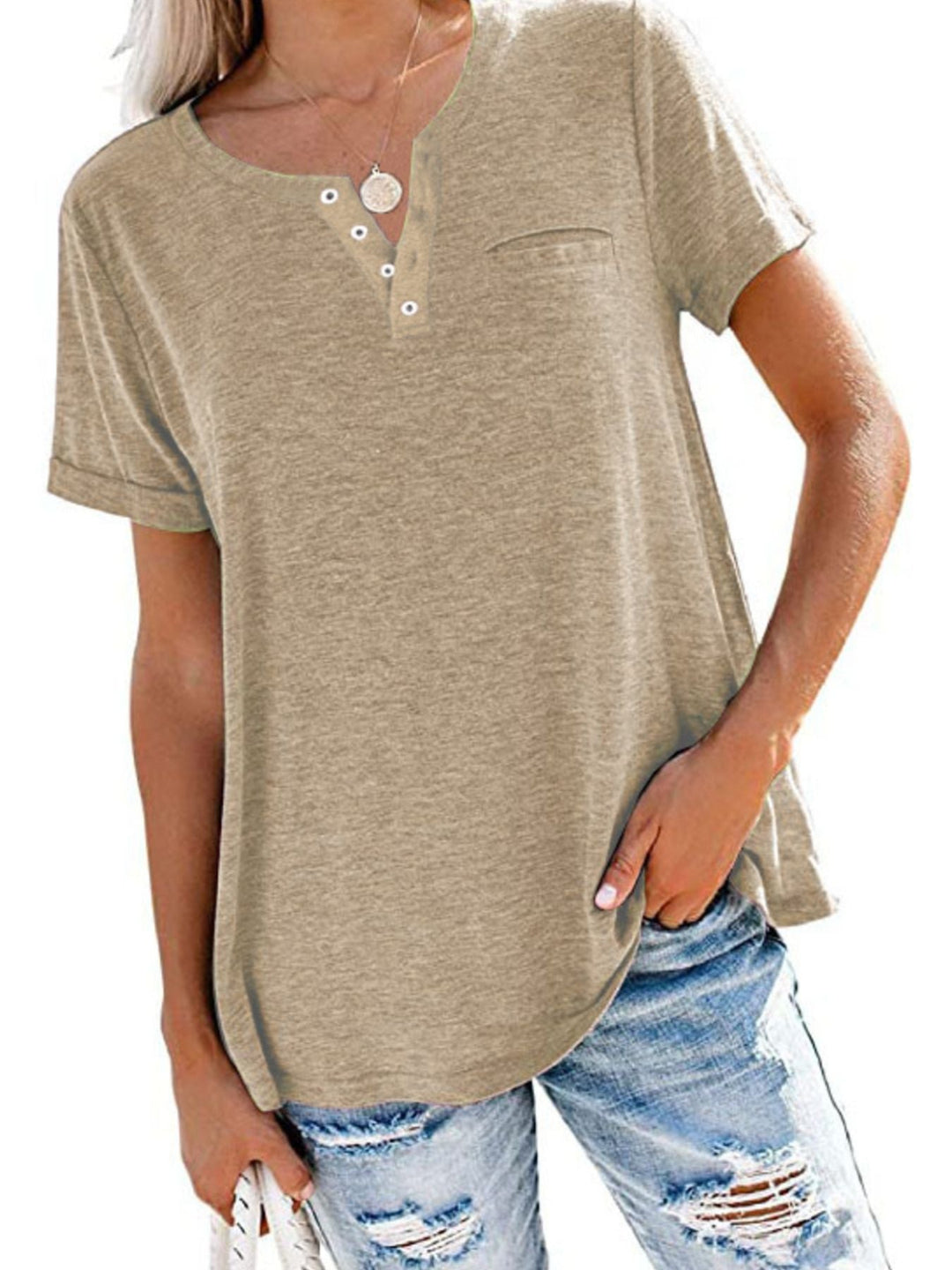 Full Size Casual Button-Front Pocket T-Shirt Plus Size