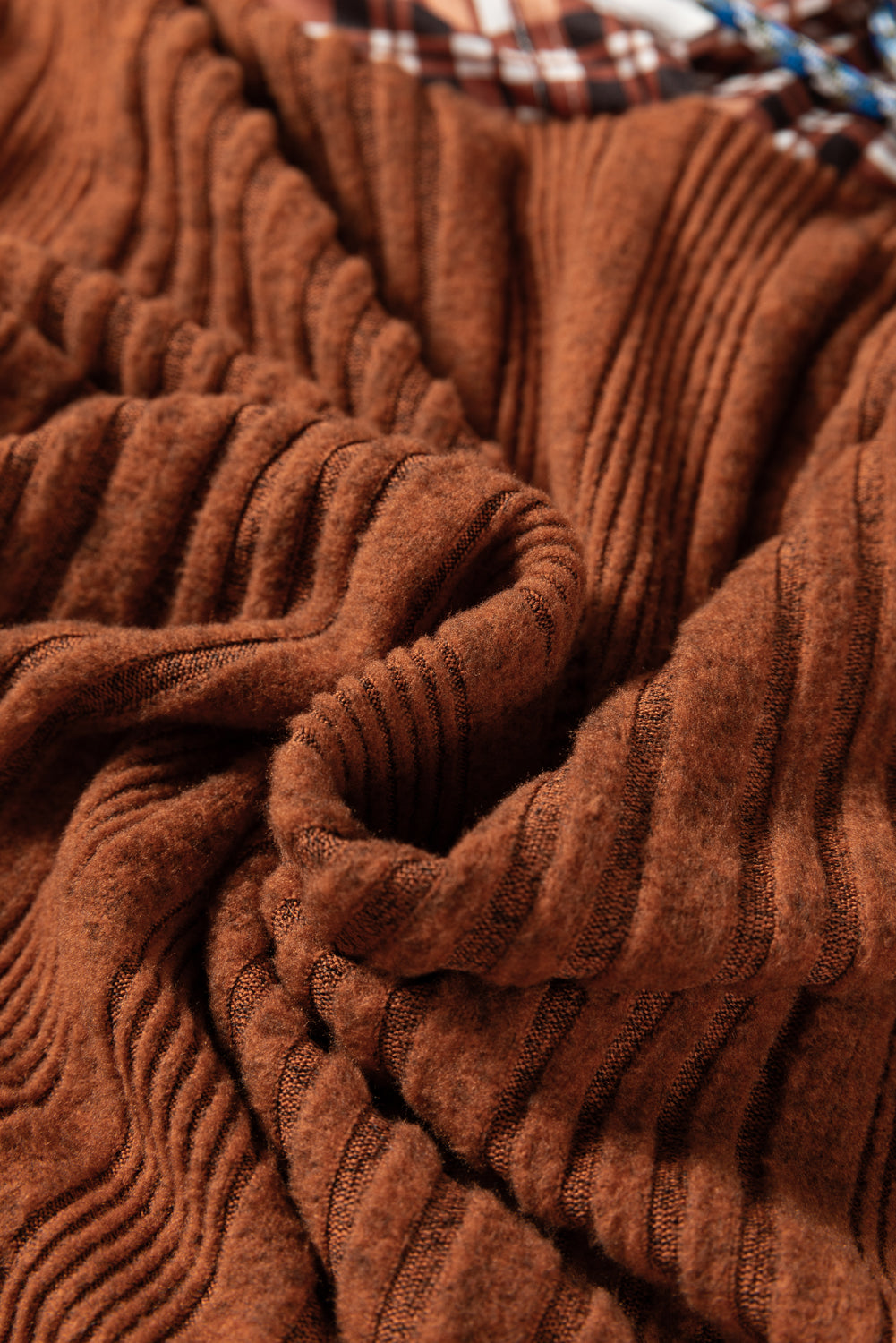 Chestnut Plaid Patchwork Ribbed Knit Drawstring Hooded Top