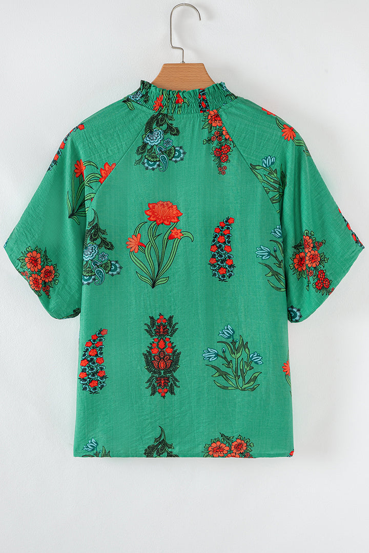 Chemisier à manches courtes et col en V boutonné à imprimé floral vert vif