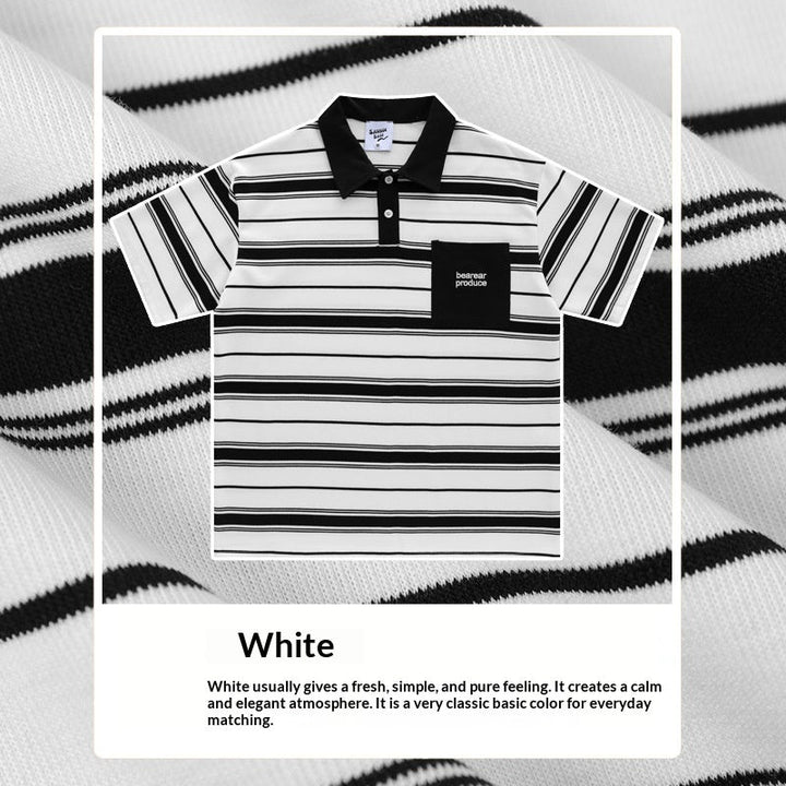 Loose-fitting Polo Shirt With A Lapel Collar Short-sleeved Striped T-shirt