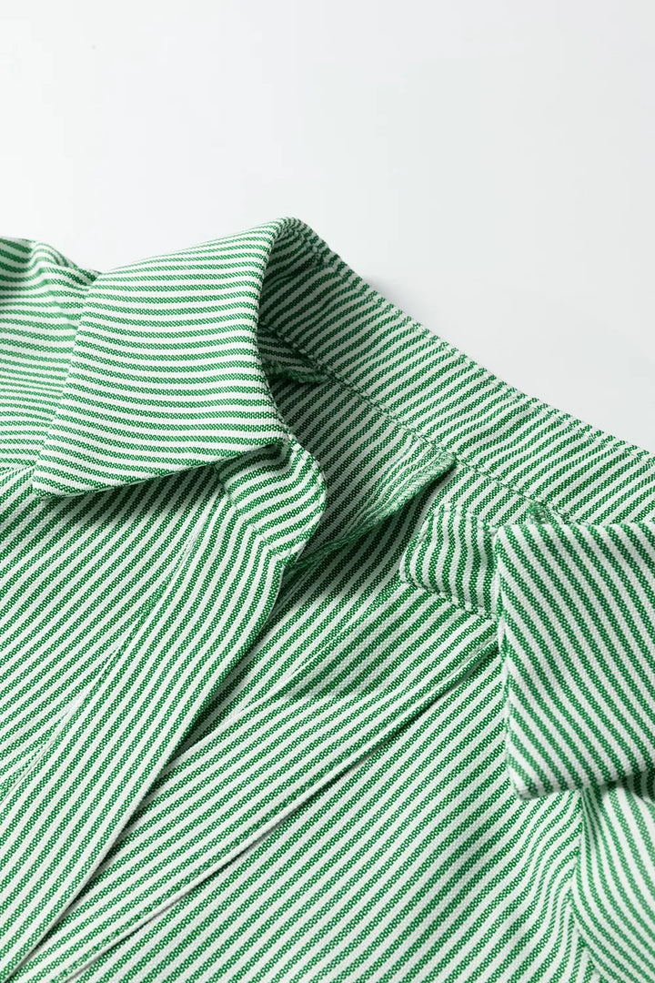 Striped Print Collared Split Neck Half Sleeve Blouse