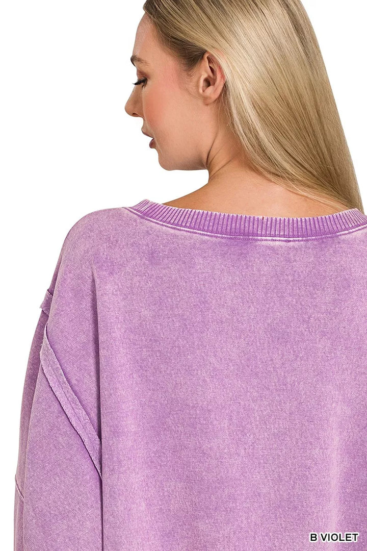 Zenana Acid Washed Batwing Sleeve Fleece Sweatshirt