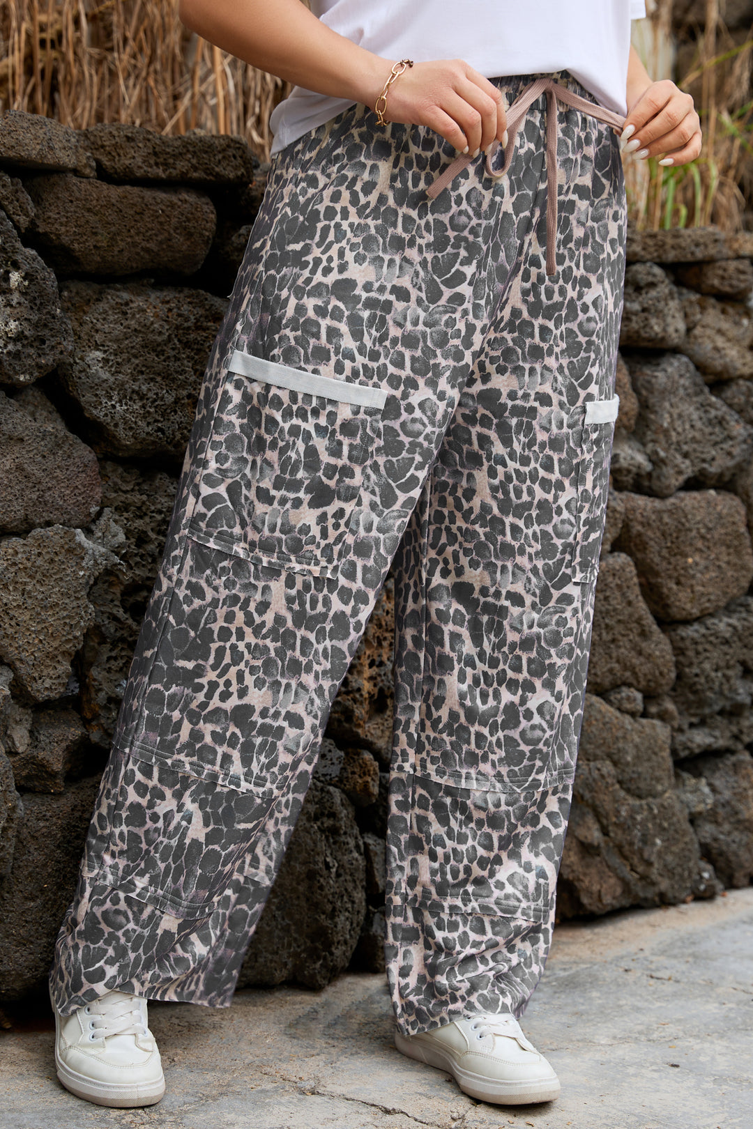 Khaki Plus Size Leopard Print Raw Edge Patch Pocket Drawstring Loose Pants