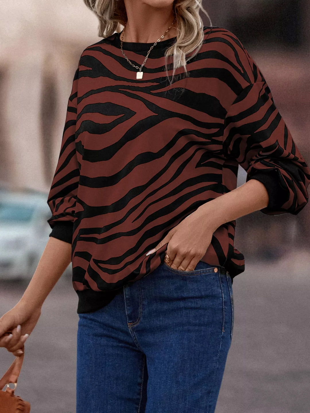 Zebra Print Round Neck Casual Sweatshirt