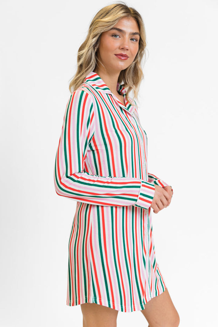 Pink Stripe Christmas Long Sleeve Shirt Style Lounge Dress