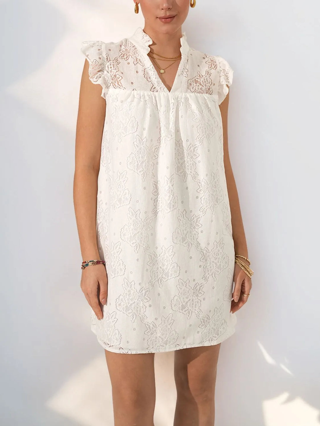 Lace Notched Cap Sleeve Mini Dress