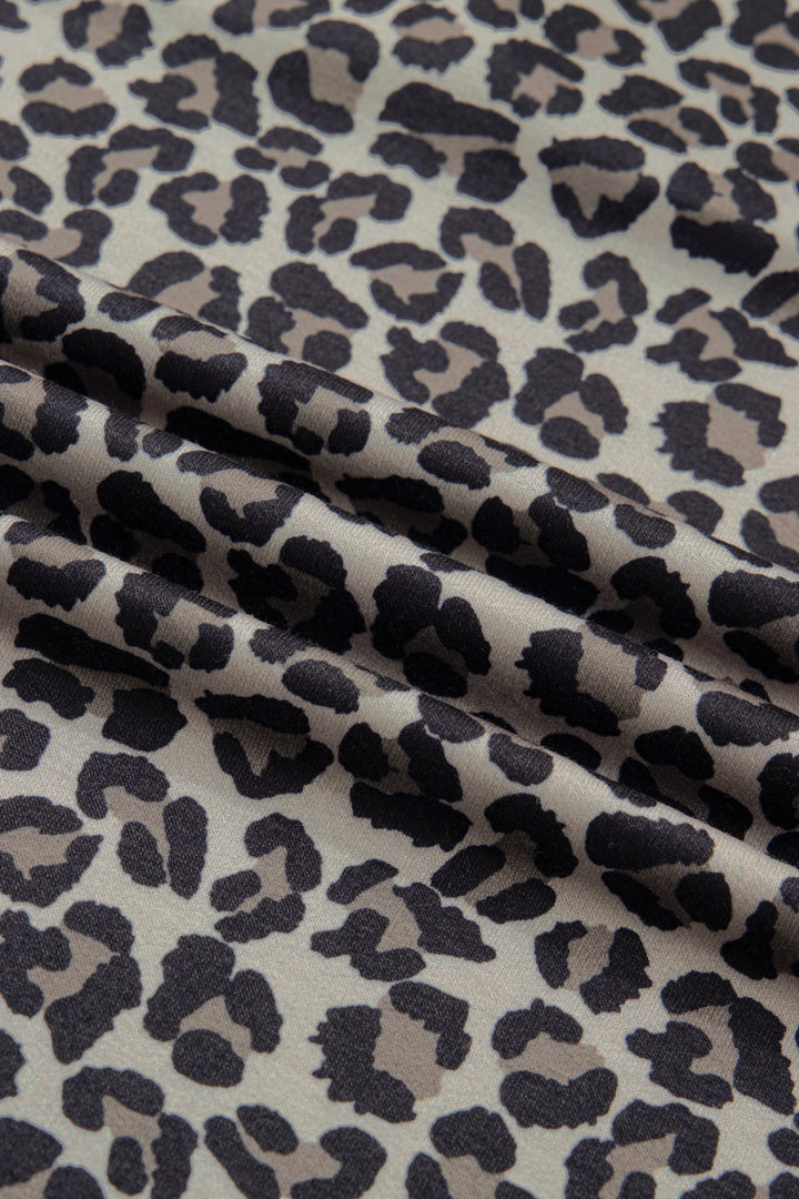 Khaki Leopard Print Half Zip Striped Trim Patchwork Short Sleeve Top