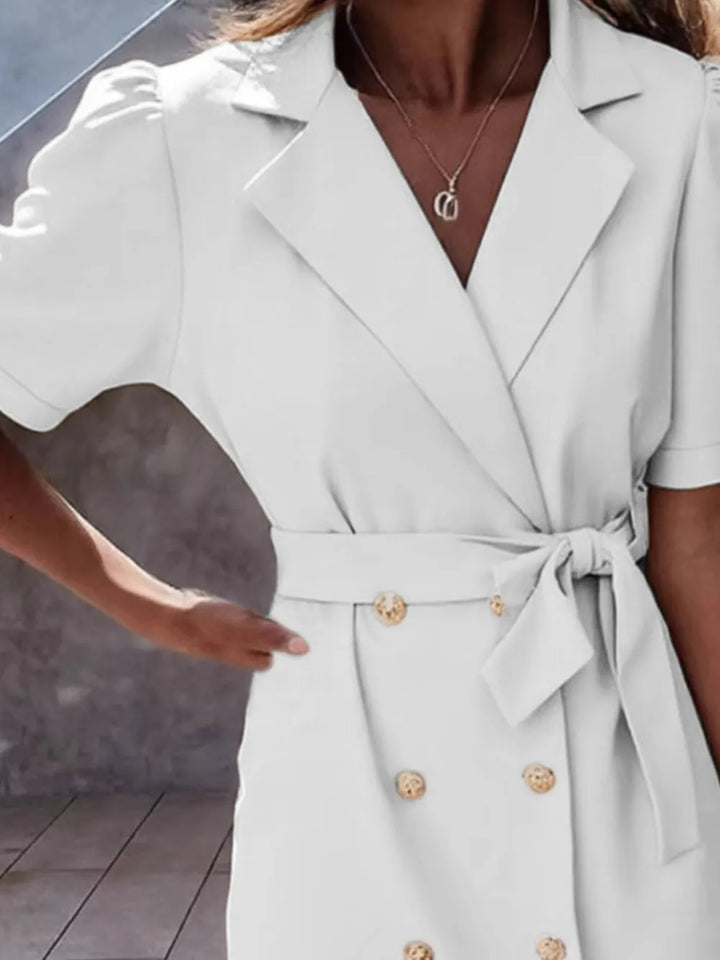 Lapel Collar Short Sleeve Tie Waist Mini Dress