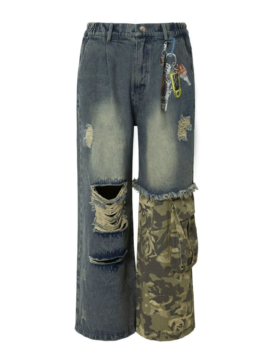 Men's Distressed Camouflage Patchwork Wide Leg Jeans